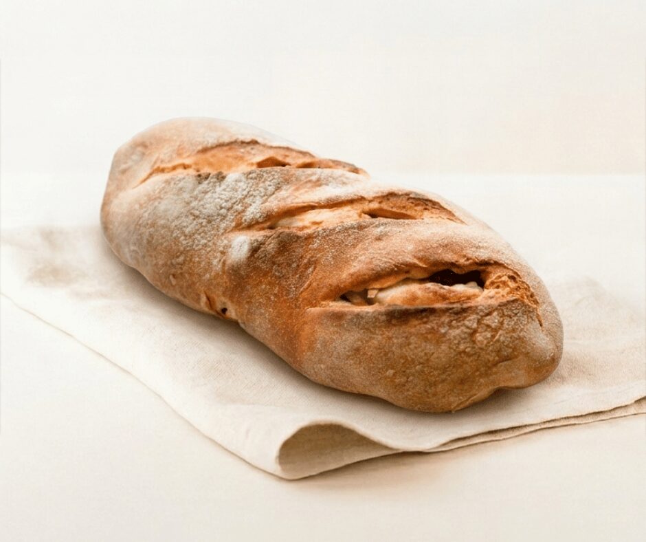 Pão em forma de cacete comprido em cima de um pano dobrado