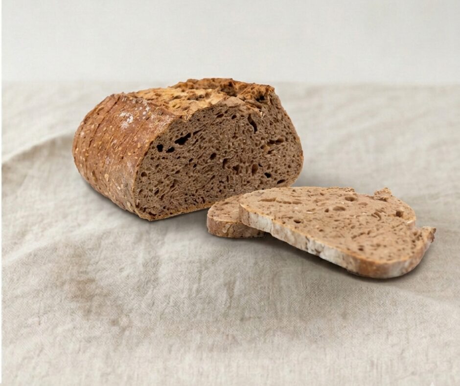 Pão escuro cortado com duas fatias ao lado em cima de uma toalha de pano branca