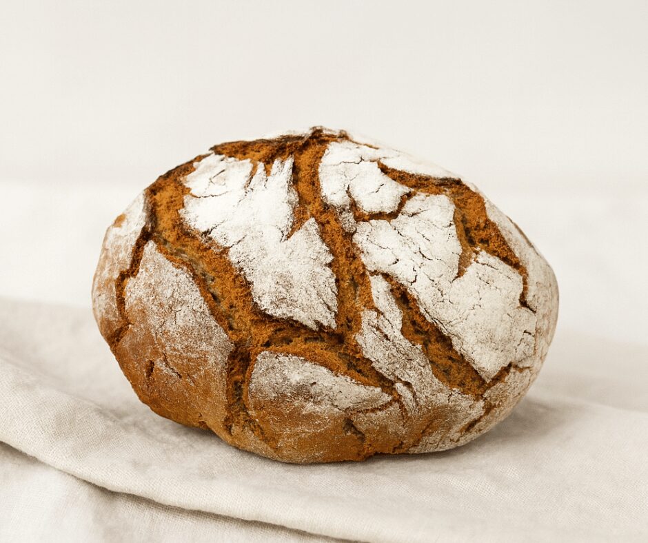 Pão de forma redonda com aspeto rústico em cima de um pano branco