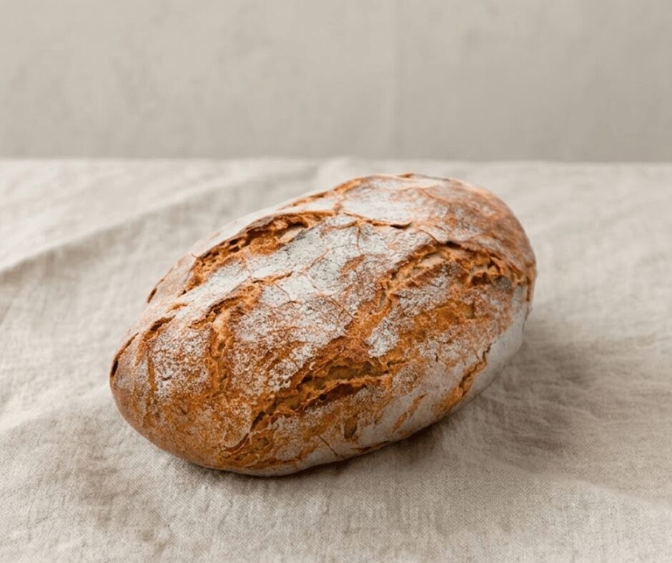 Pão de Centeio com crosta dourada colocado em cima de toalha de pano