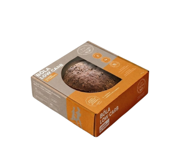 Caixa laranja com janela e com bola de carne por dentro